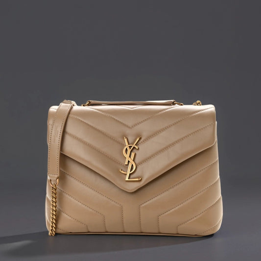 Calfskin Y Quilted Monogram Small Loulou Chain Satchel Dark Beige