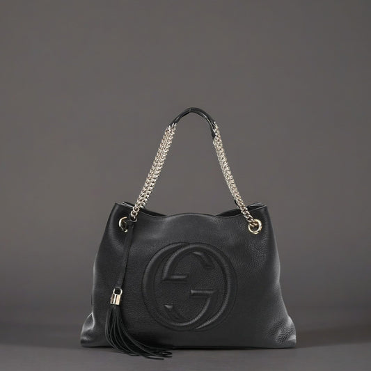 Pebbled Calfskin Medium Soho Chain Shoulder Bag Black