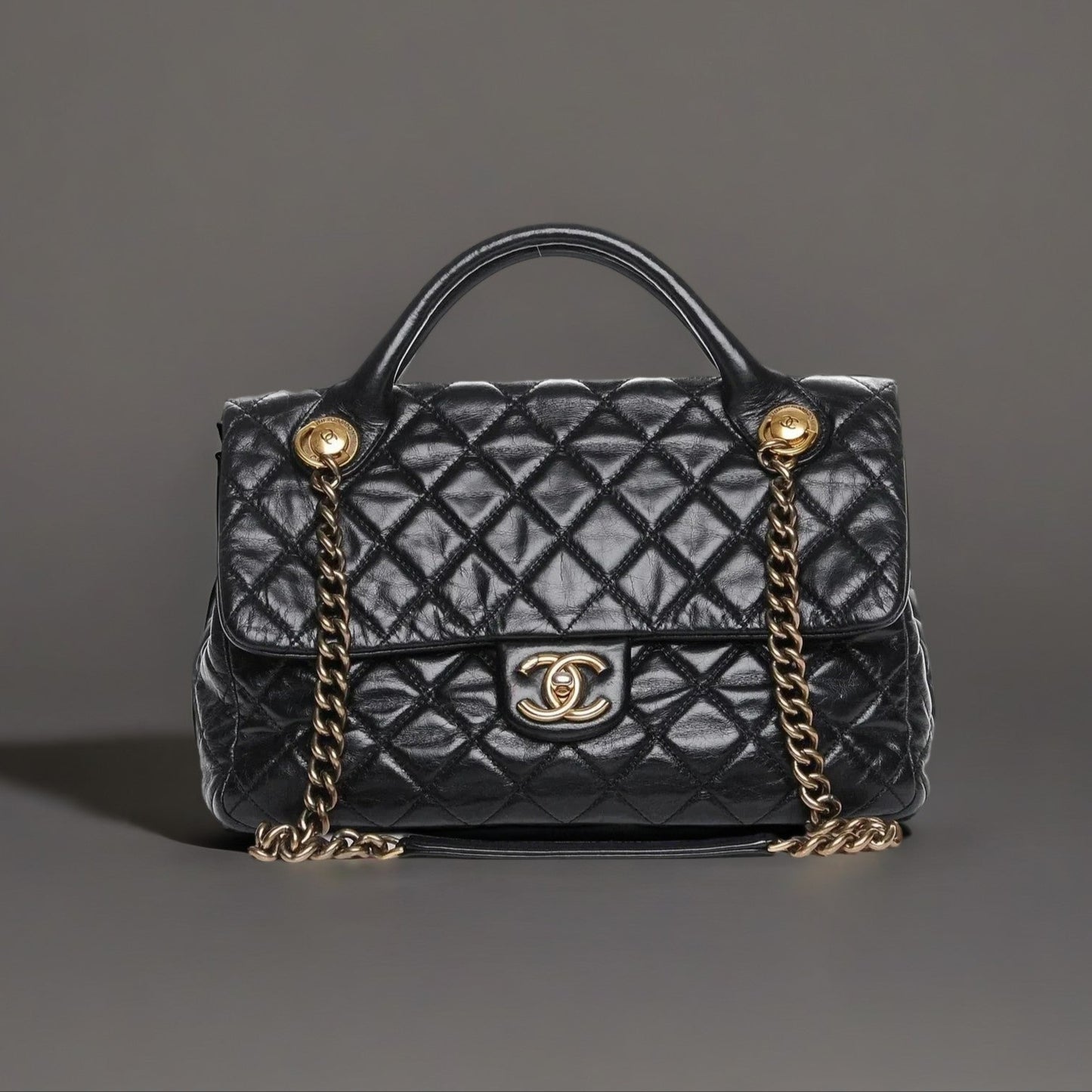 Glazed Calfskin Castle Rock Medium Flap Black