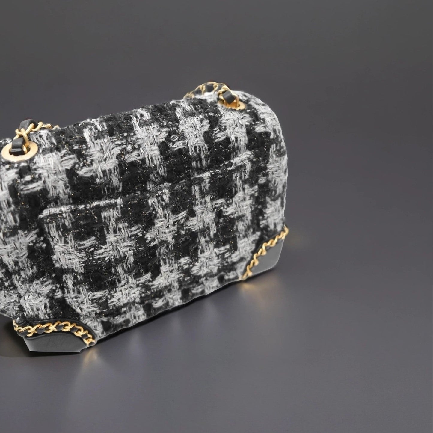 CHANEL Mini Flag Bag Black & Grey Tweed Aged Gold Hardware