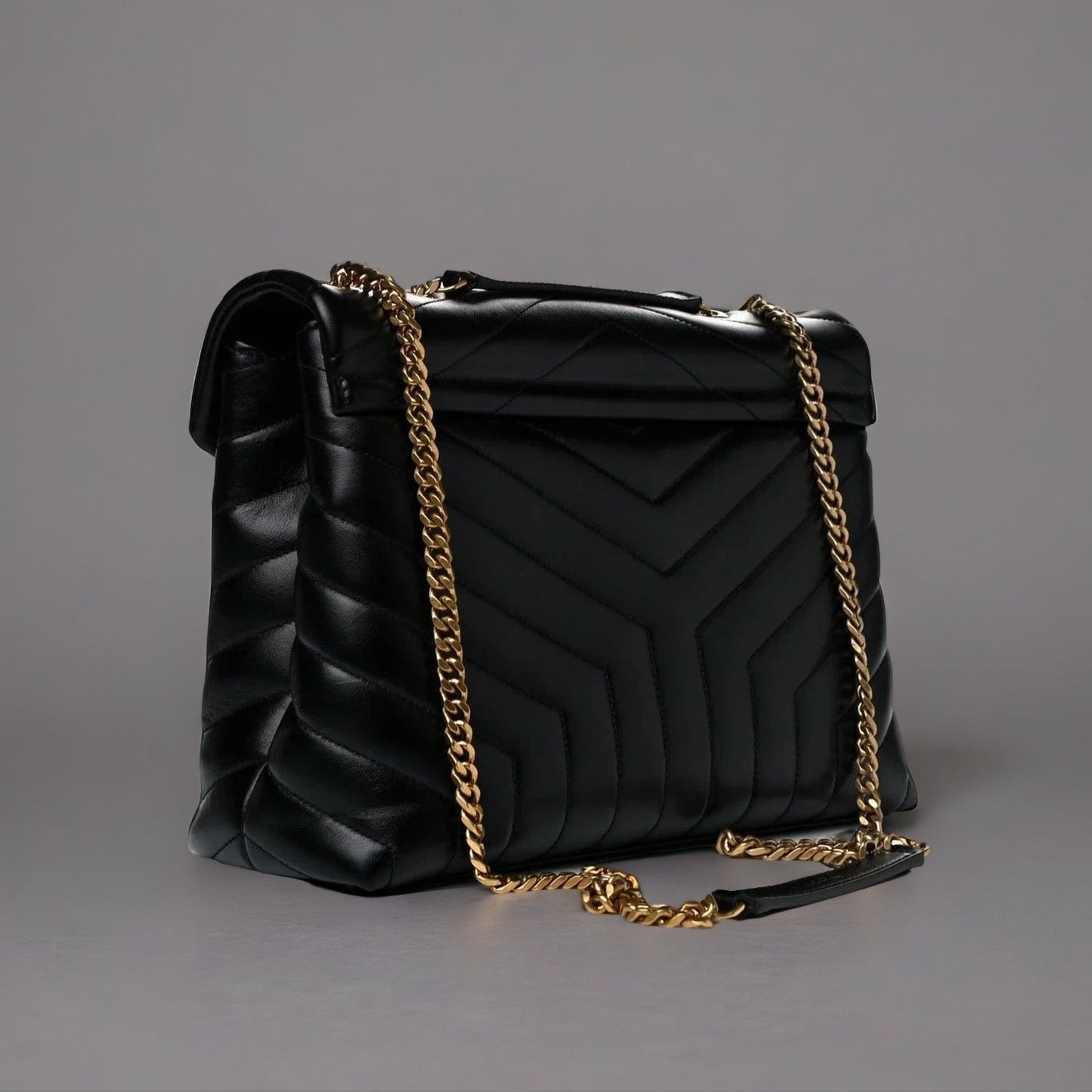 Calfskin Y Quilted Monogram Medium Loulou Chain Satchel Black