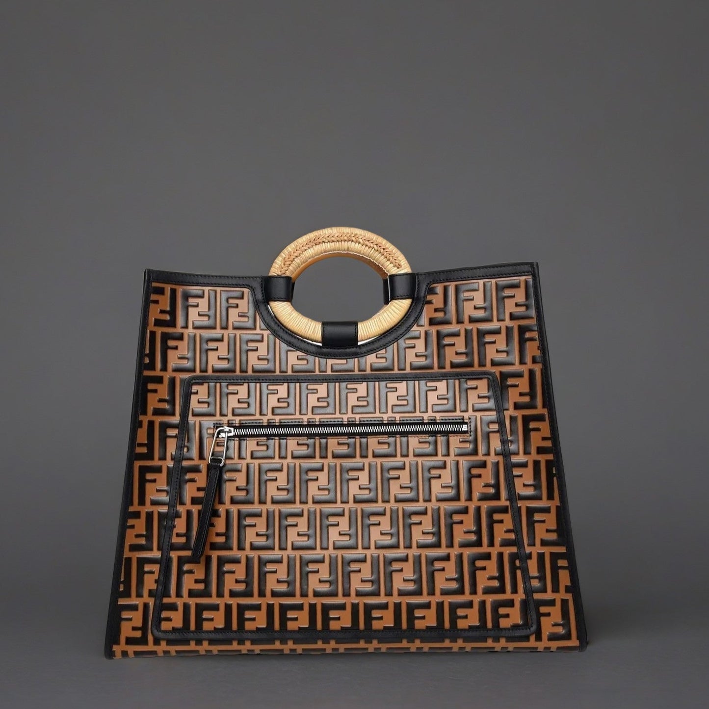 Calfskin FF Embossed Large Runaway Shopper Tote Tobacco Black