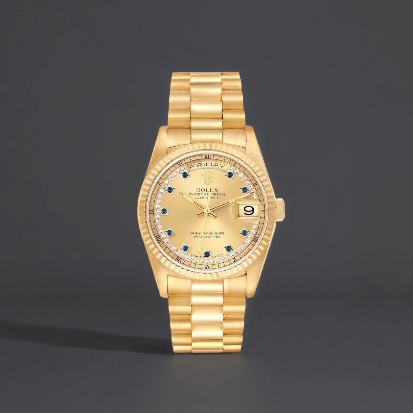 Rolex President 36mm Day-Date Yellow Gold String Diamond Watch