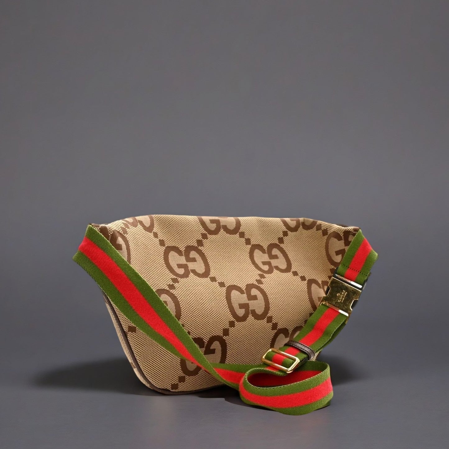 Monogram Jumbo GG Textured Dollar Calfskin Web Belt Bag Camel Ebony New Acero