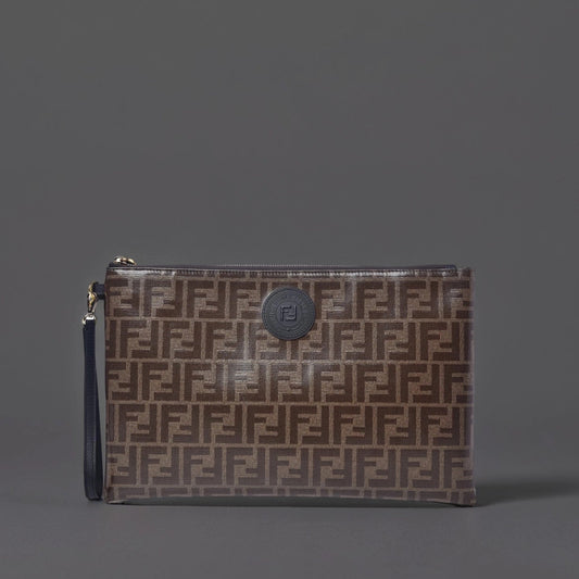 Glazed Fabric FF 1974 Stamp Patch Large Flat Pouch Mogano Panna Black