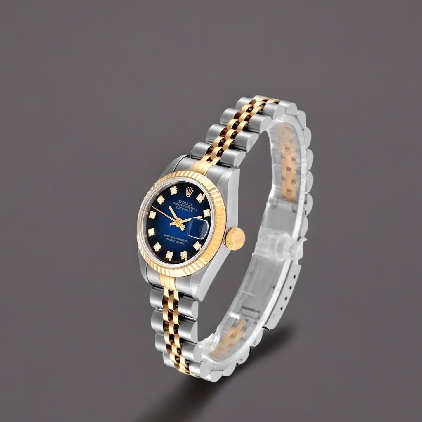 Rolex Datejust 26mm Steel Yellow Gold Blue Vignette Diamond Dial Watch
