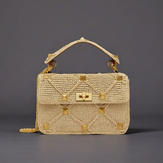 Valentino Garavani Beige Raffia Roman Stud Shoulder Bag