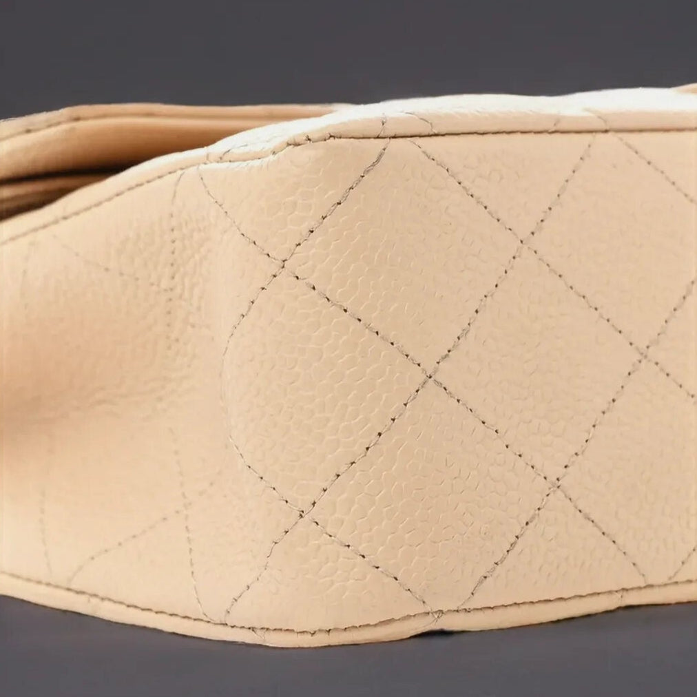Caviar Quilted Medium Double Flap Beige
