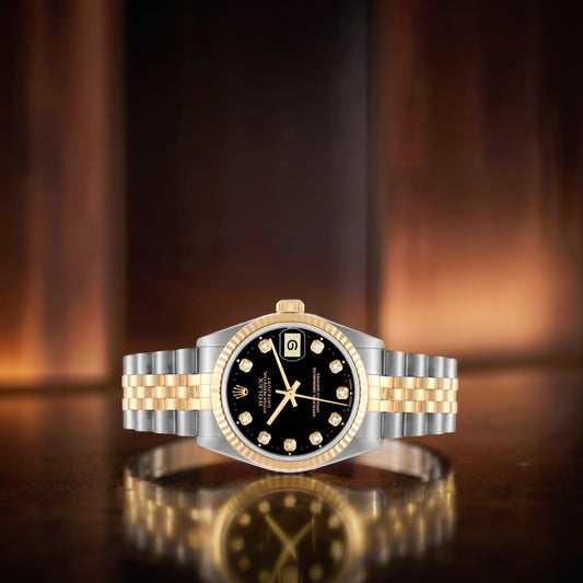 Rolex Datejust 36 Steel Yellow Gold Black Diamond Dial Mens Watch