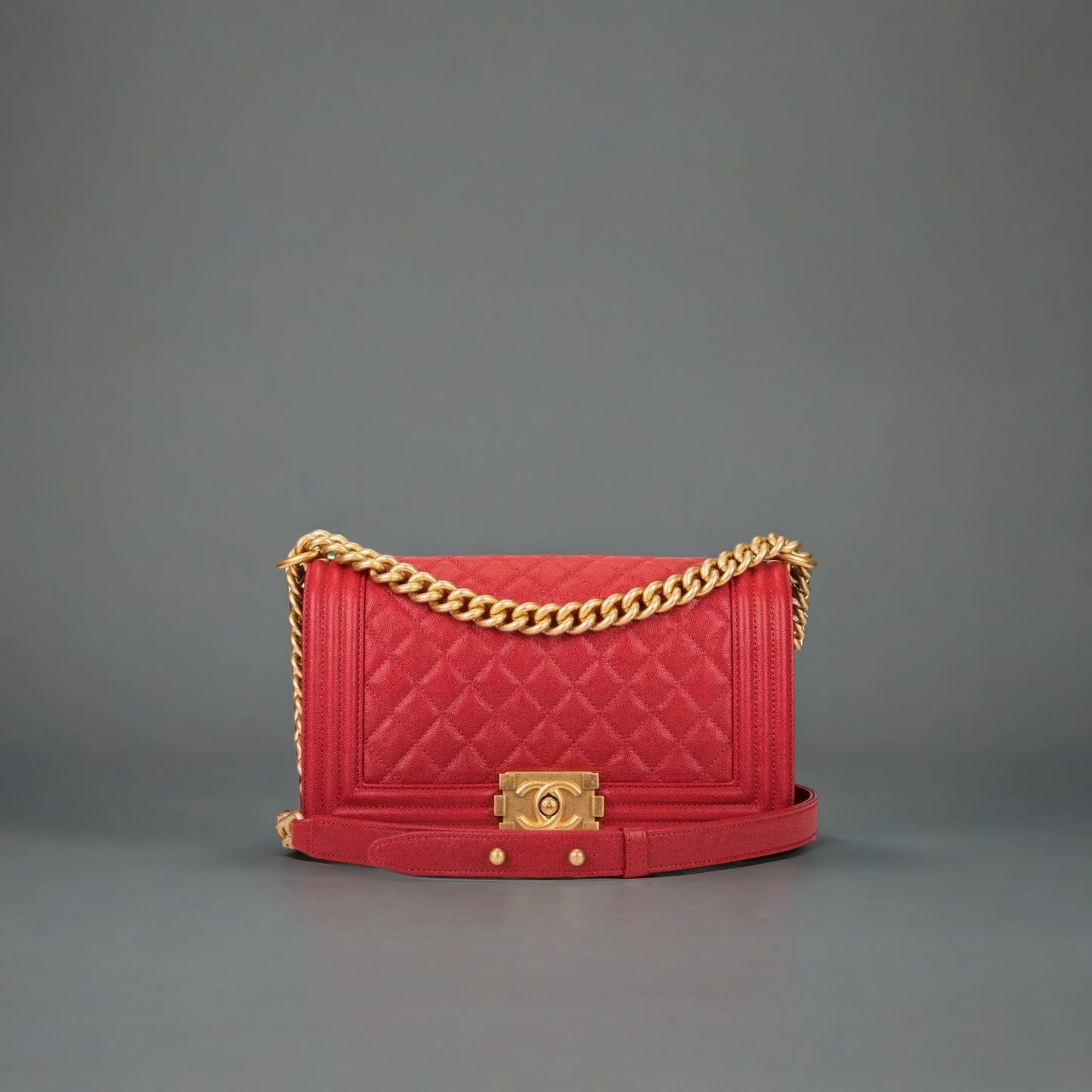 Chanel Red Quilted Caviar Medium Boy Bag Antique Gold Hardware