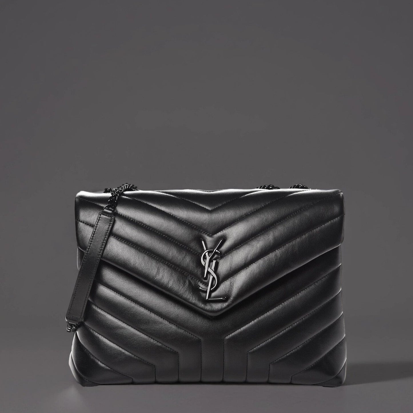 Calfskin Y Quilted Monogram Medium Loulou Chain Satchel Black