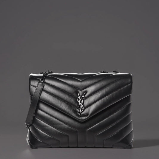 Calfskin Y Quilted Monogram Medium Loulou Chain Satchel Black