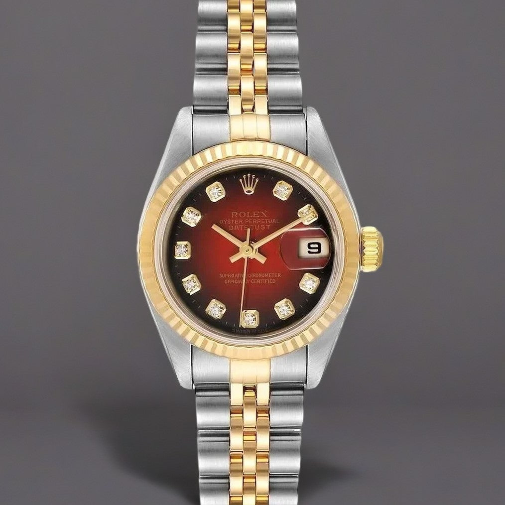 Rolex Datejust 26mm Steel Yellow Gold Red Vignette Diamond Dial Watch