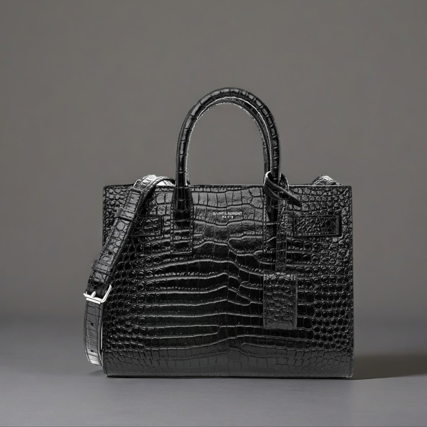 Calfskin Crocodile Embossed Nano Sac De Jour Black