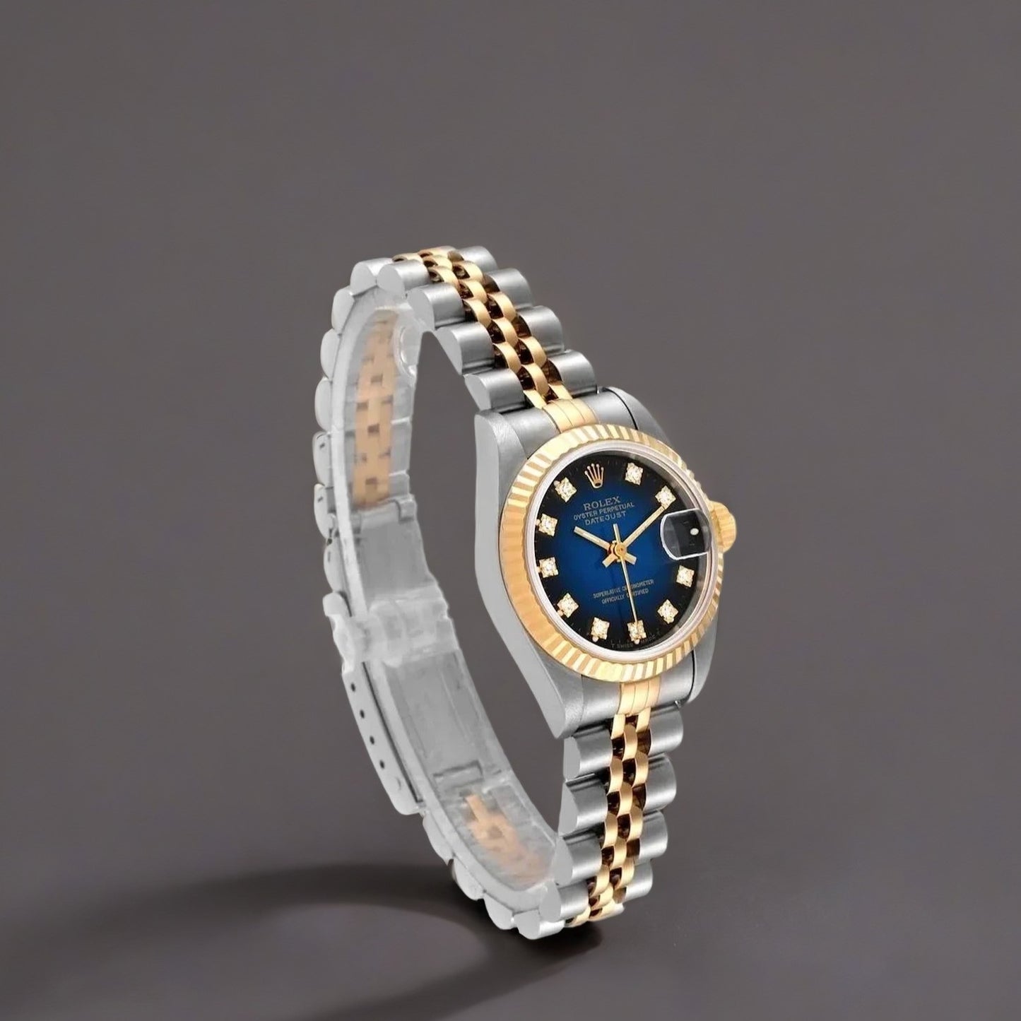 Rolex Datejust 26mm Steel Yellow Gold Blue Vignette Diamond Dial Watch