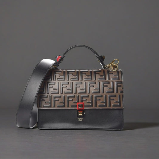 Calfskin FF 1974 Embossed Kan I Shoulder Bag Black Maya