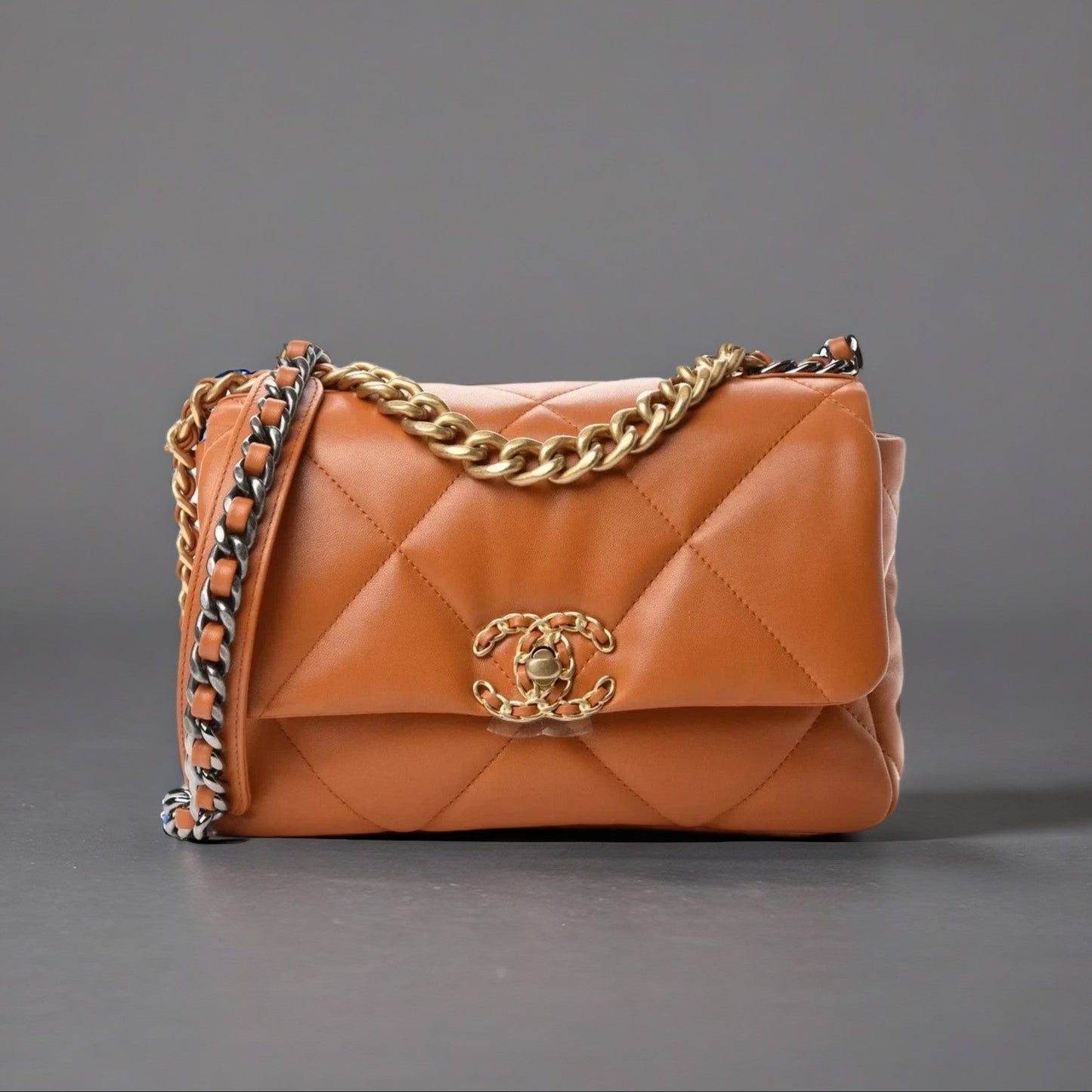 Lambskin Quilted Medium Chanel 19 Flap Light Brown