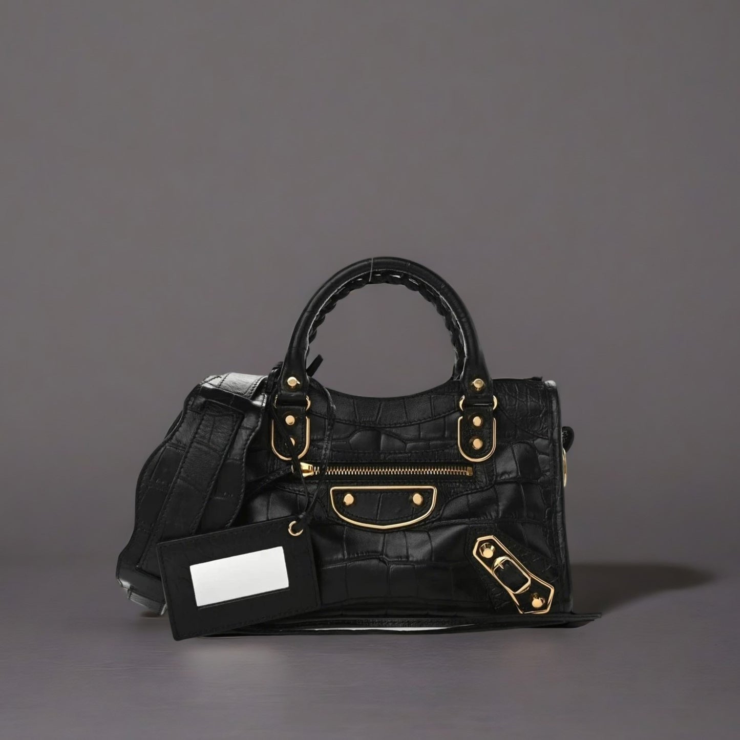 Calfskin Crocodile Embossed Gold Metallic Edge Hardware Mini City Black