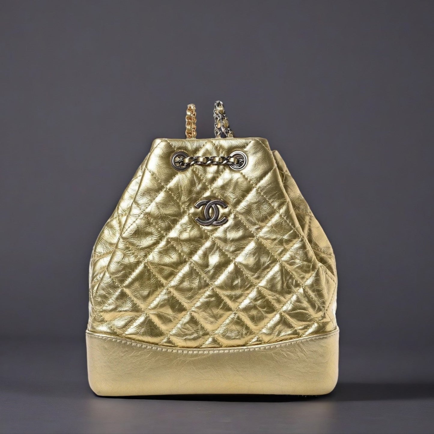 Metallic Aged Calfskin Quilted Gabrielle Backpack Gold