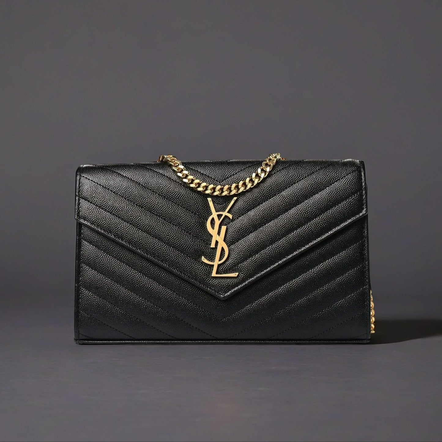 Grain De Poudre Matelasse Chevron Monogram Chain Wallet Black