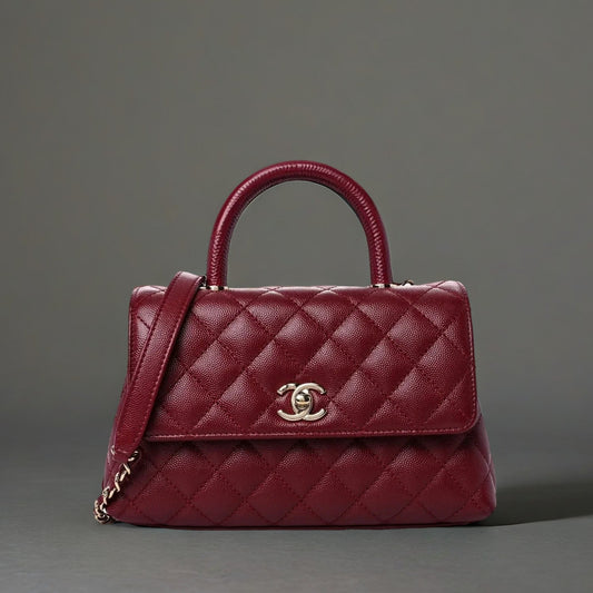 Caviar Lizard Embossed Quilted Mini Coco Handle Flap Burgundy