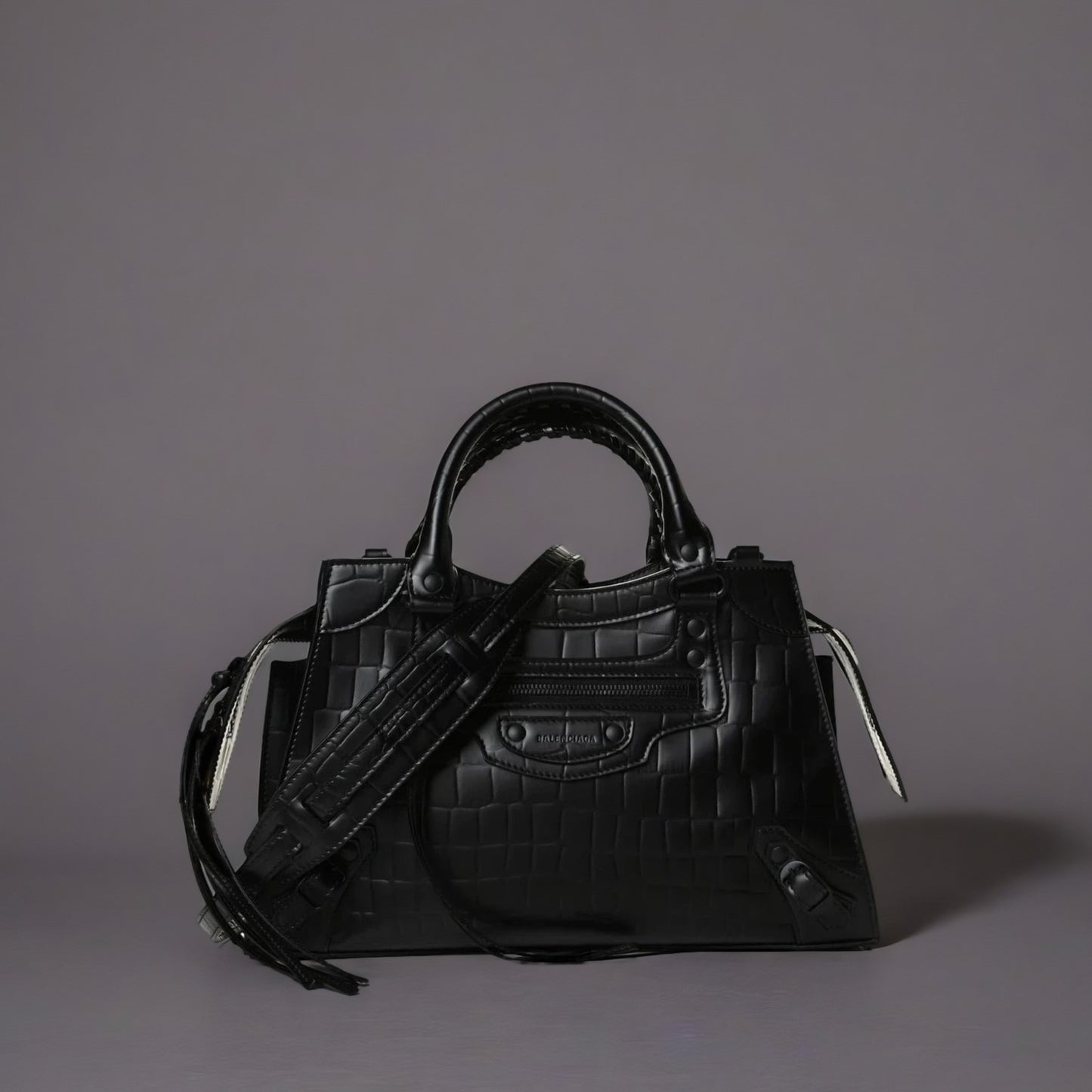 Semi Shiny Calfskin Crocodile Embossed Neo Classic Black Hardware S City Black