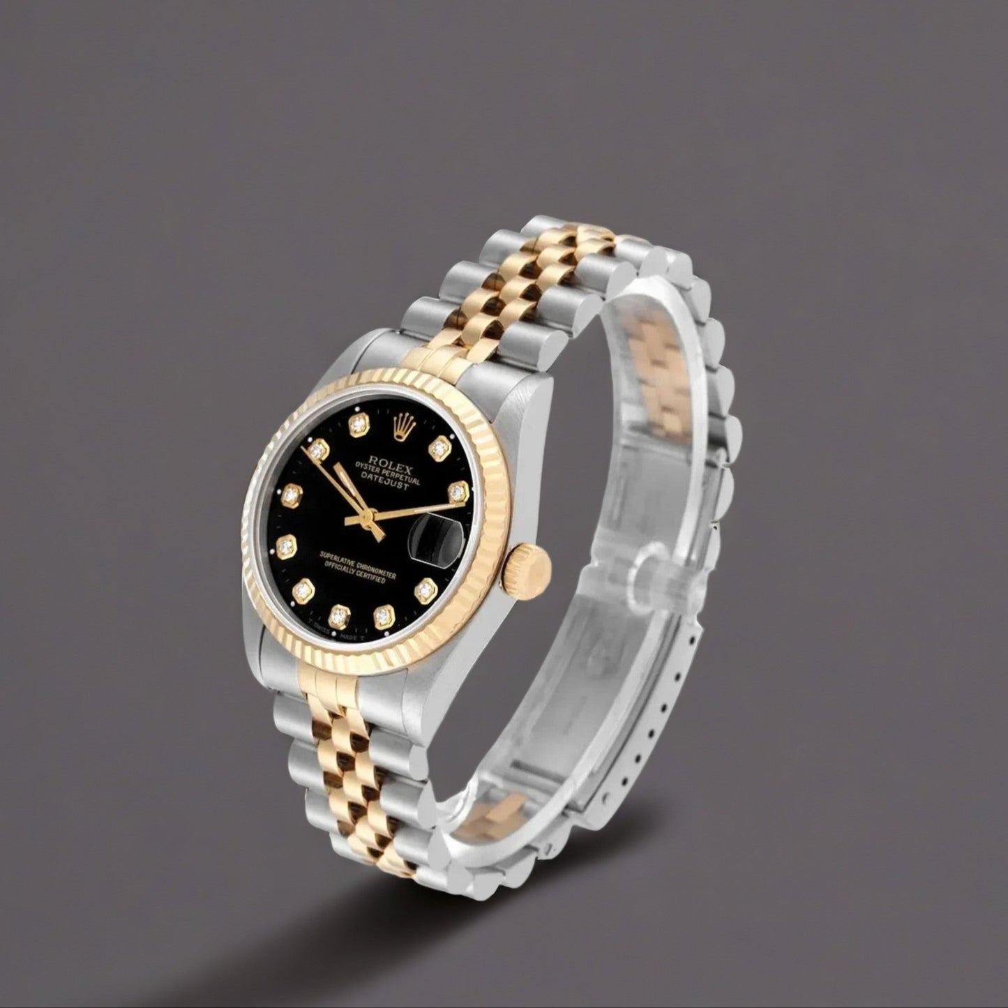 Rolex Datejust 36 Steel Yellow Gold Black Diamond Dial Mens Watch