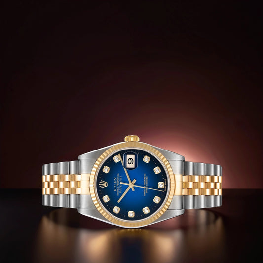 Rolex Datejust 36mm Steel Yellow Gold Blue Vignette Diamond Dial Watch