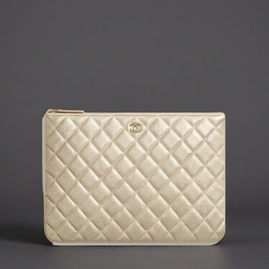 Metallic Lambskin Embossed Large Cosmetic Pouch Gold