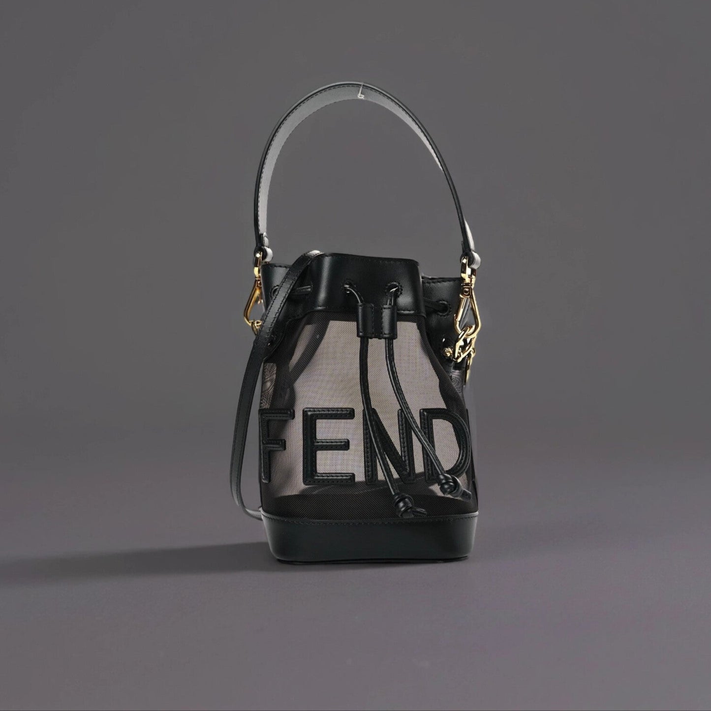 Mesh Vitello King F is Fendi Logo Embroidered Mini Mon Tresor Bucket Bag Black