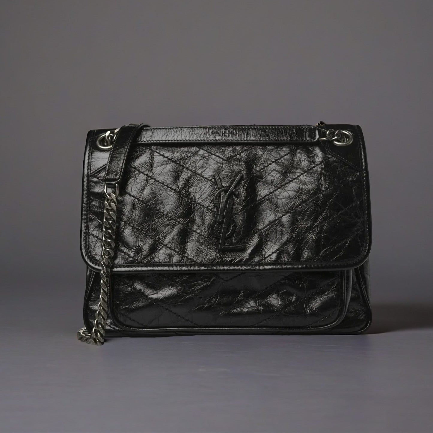 Crinkled Calfskin Matelasse Monogram Medium Niki Chain Satchel Black