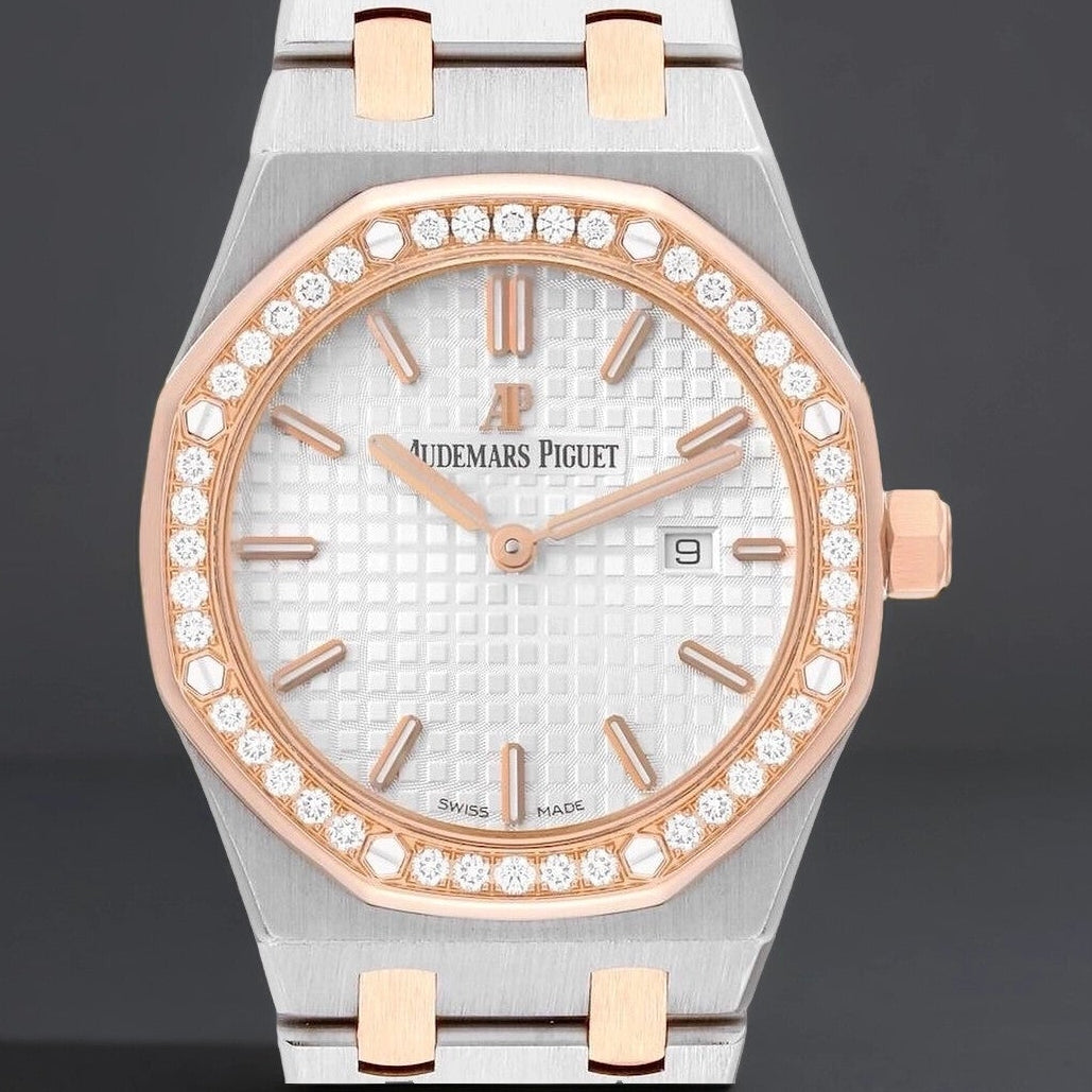 AUDEMARS PIGUET 18K Rose Gold Diamond 33mm Royal Oak Quartz Watch White