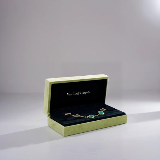 18K Yellow Gold Malachite 5 Motifs Vintage Alhambra Bracelet