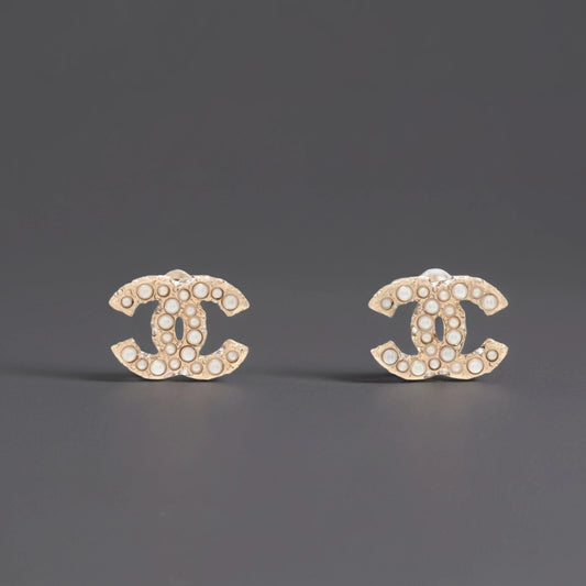 Metal Graduated Pearl Crystal CC Earrings Light Gold