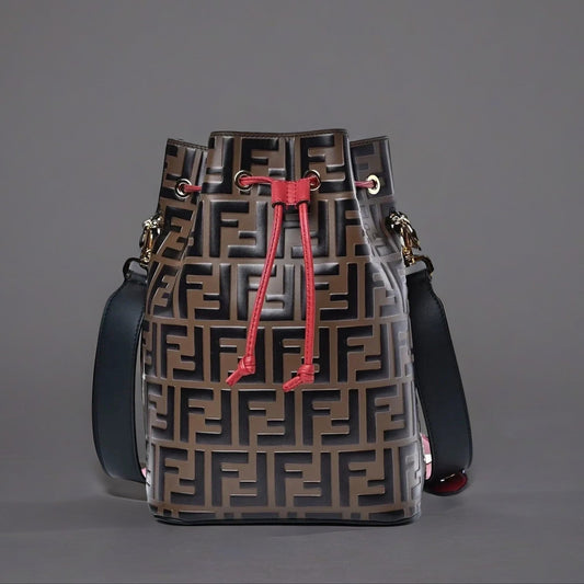 Calfskin F is Fendi FF 1974 Embossed Grande Mon Tresor Bucket Bag Maya Black Fragola