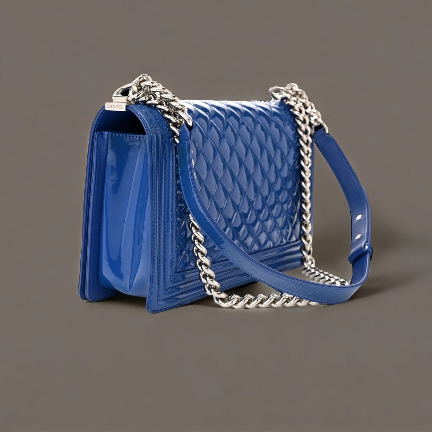 Blue Quilted Patent Leather New Medium Plexiglass Boy Bag