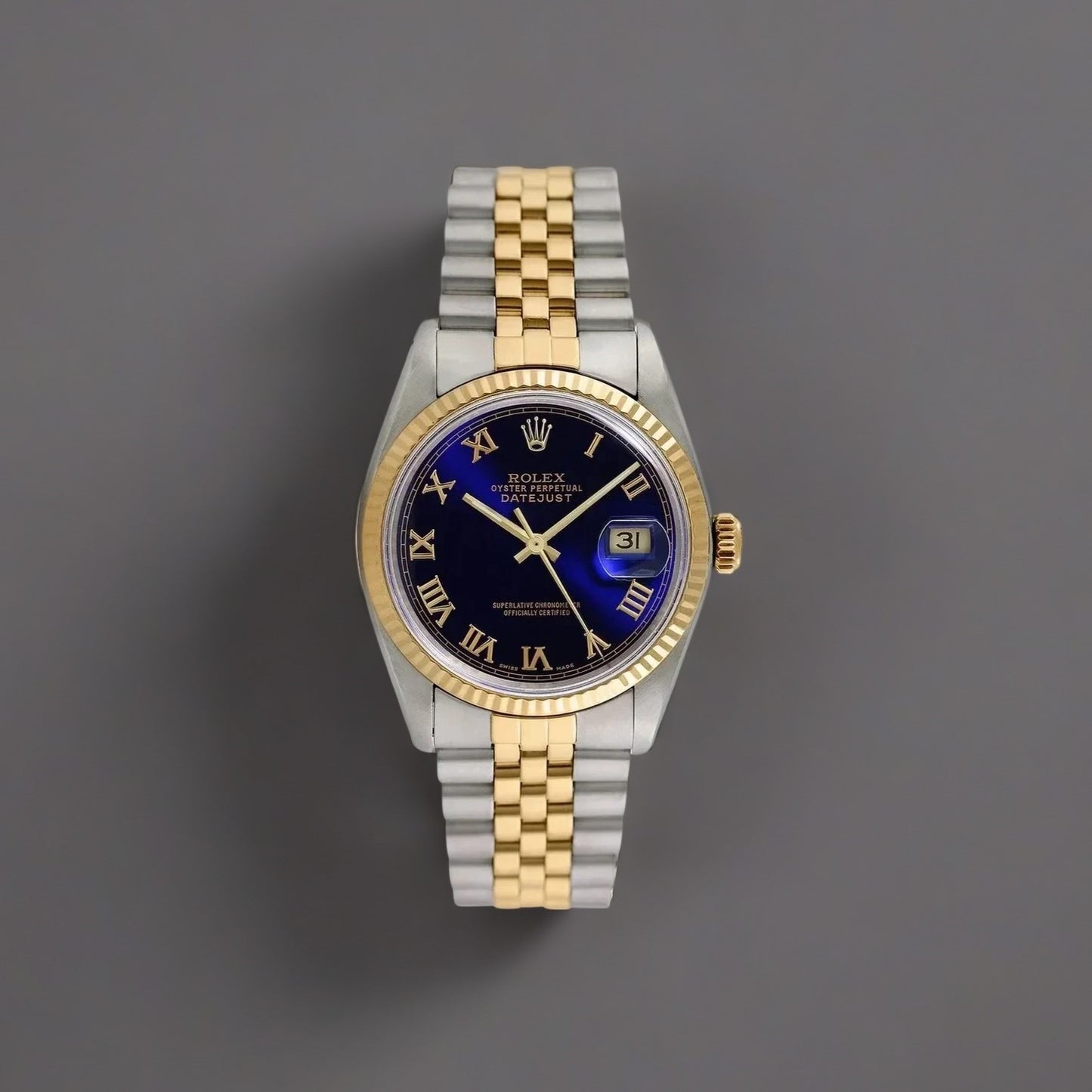 Rolex Datejust 36mm Steel Yellow Gold Blue Roman Dial Watch
