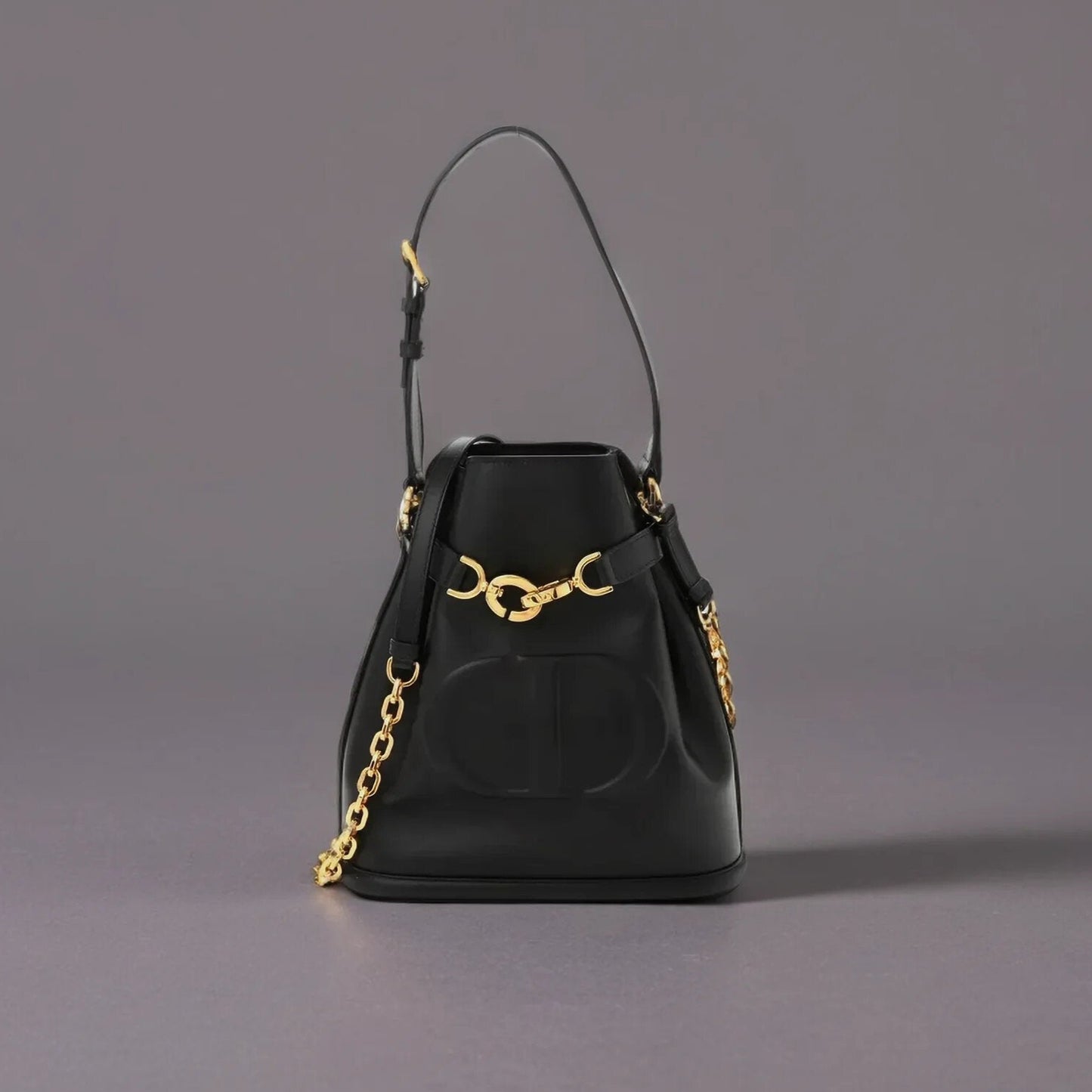 Calfskin CD Embossed Medium C'est Chain Bucket Bag Black