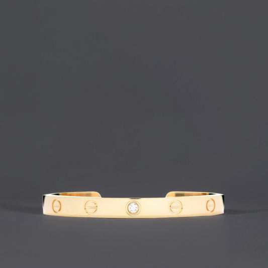 18K Yellow Gold 1 Diamond LOVE Cuff Bracelet 16