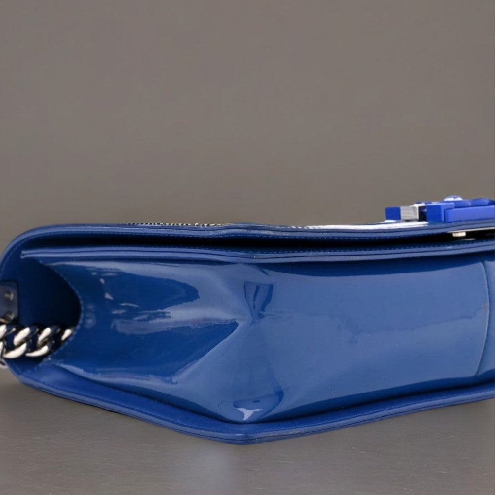 Blue Quilted Patent Leather New Medium Plexiglass Boy Bag