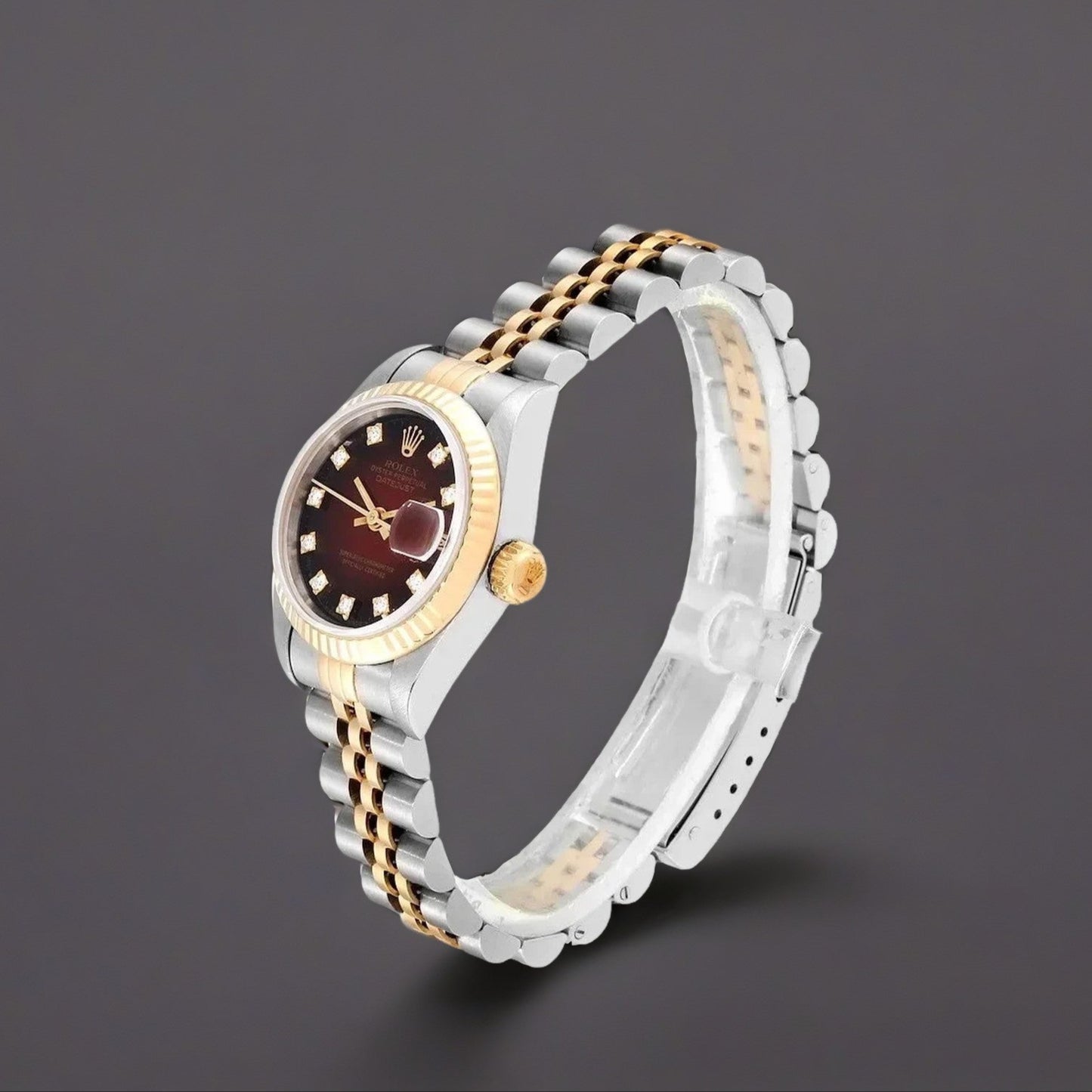 Rolex Datejust 26mm Steel Yellow Gold Red Vignette Diamond Watch