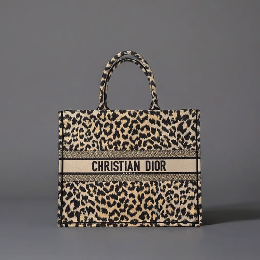 Canvas Mizza Embroidered Large Leopard Book Tote Beige