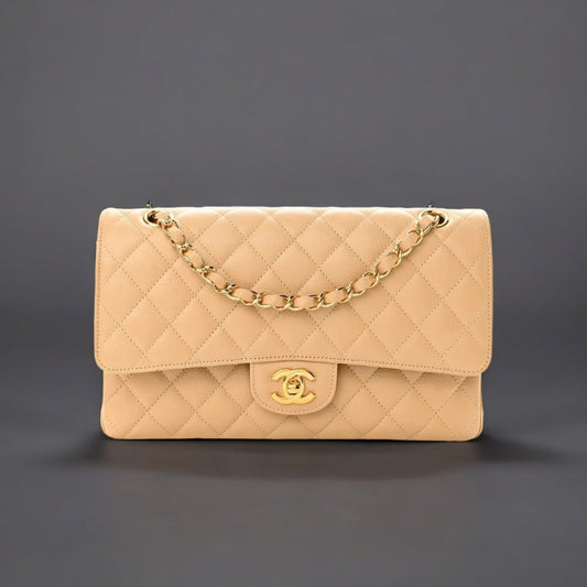Caviar Quilted Medium Double Flap Beige