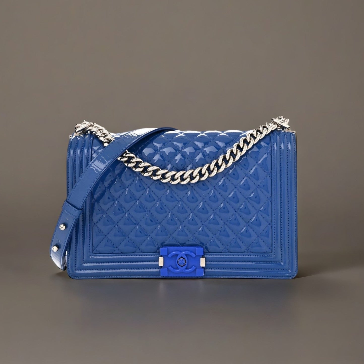 Blue Quilted Patent Leather New Medium Plexiglass Boy Bag