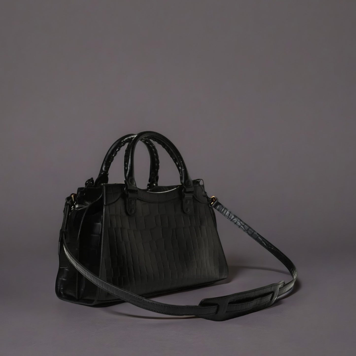 Semi Shiny Calfskin Crocodile Embossed Neo Classic Black Hardware S City Black