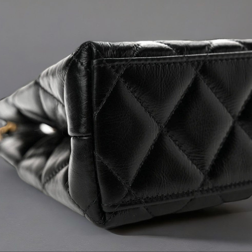 Shiny Aged Calfskin Quilted Nano Kelly Shopper Black