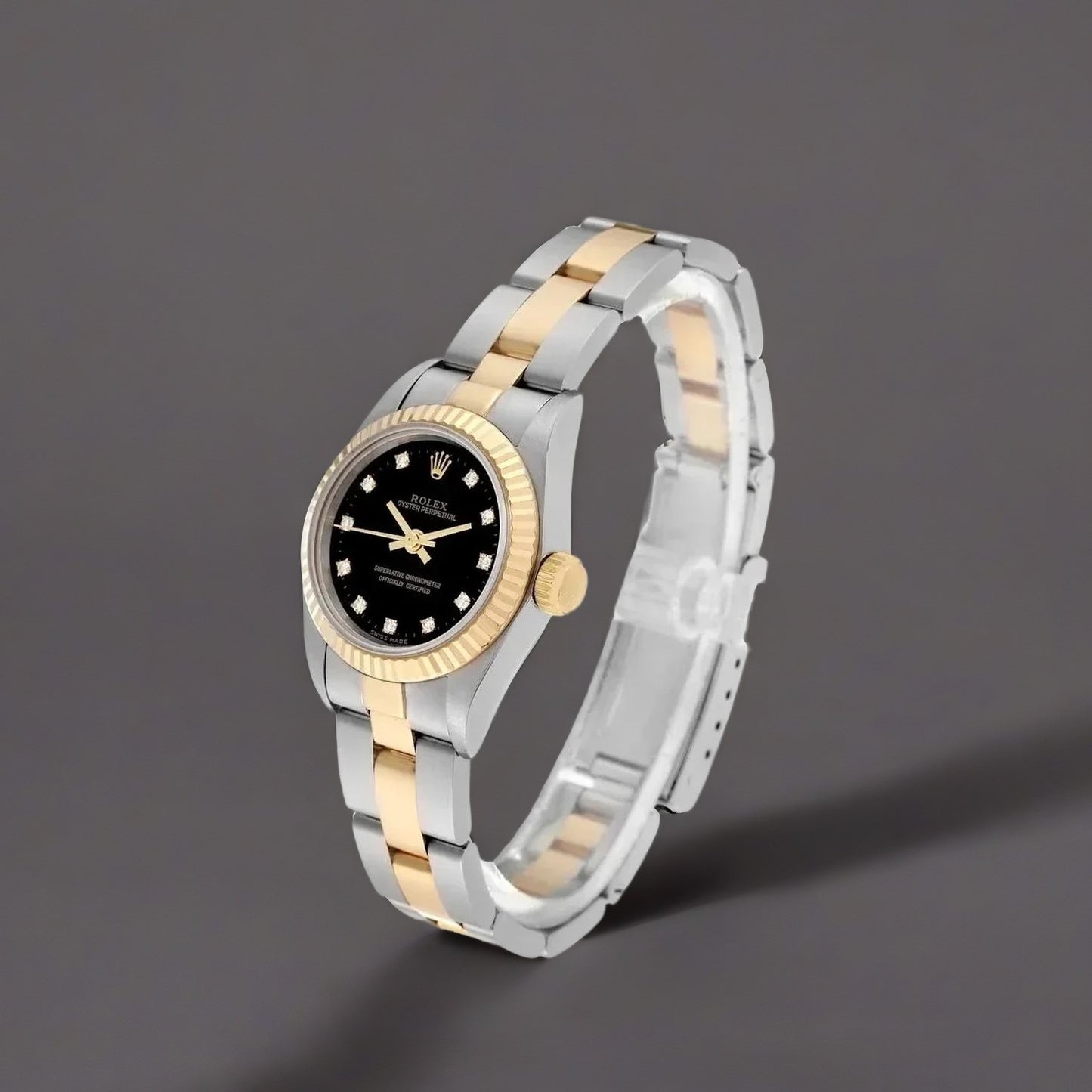 Rolex Oyster Perpetual Steel Yellow Gold Black Diamond Dial Watch