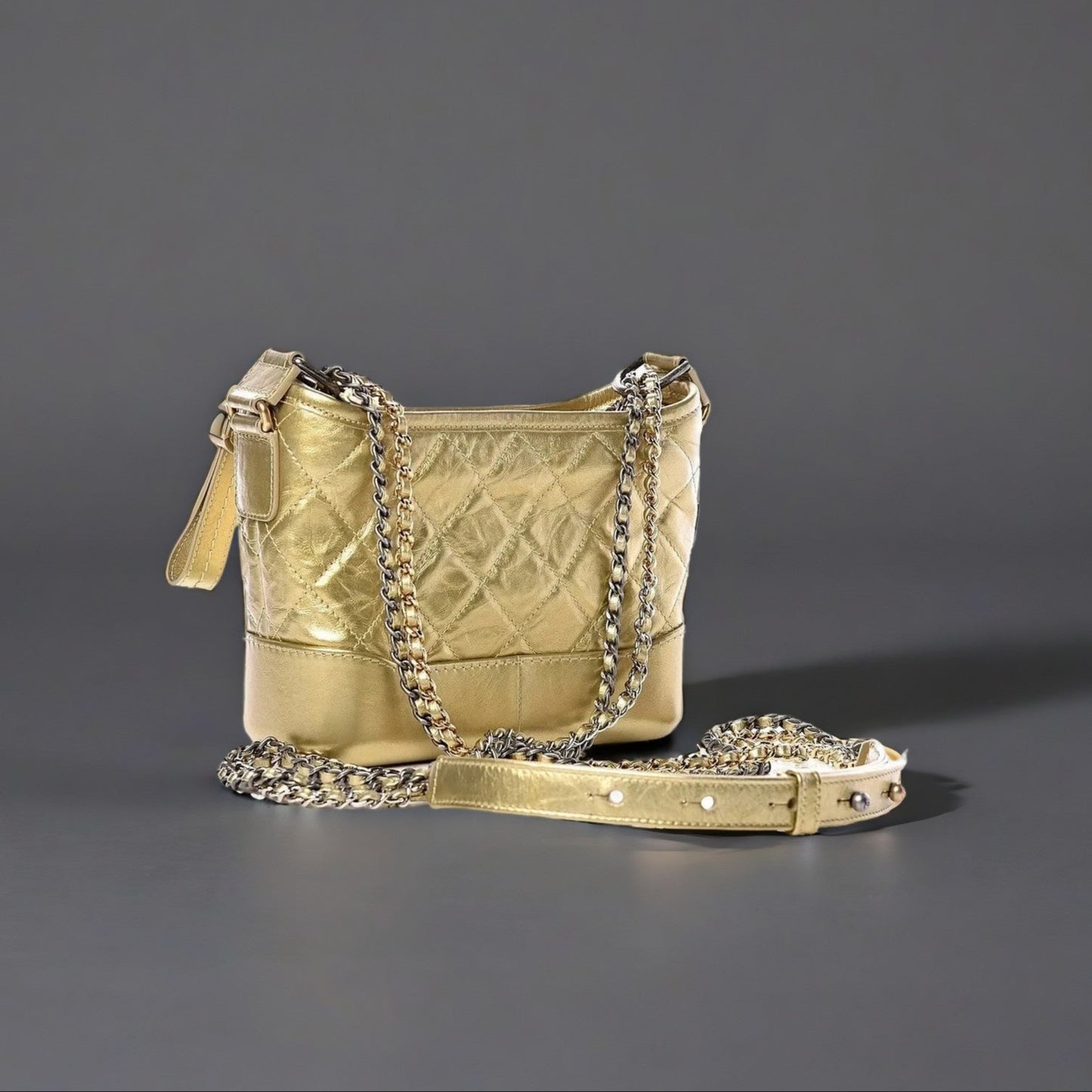 Metallic Aged Calfskin Quilted Small Gabrielle Hobo Gold