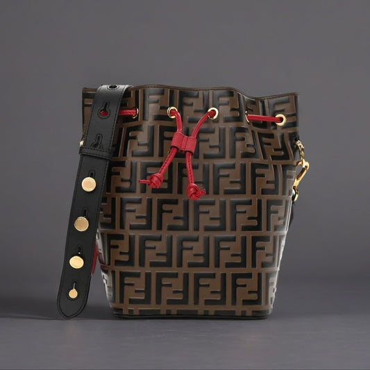 Calfskin F is Fendi FF 1974 Embossed Grande Mon Tresor Bucket Bag Maya Black Fragola