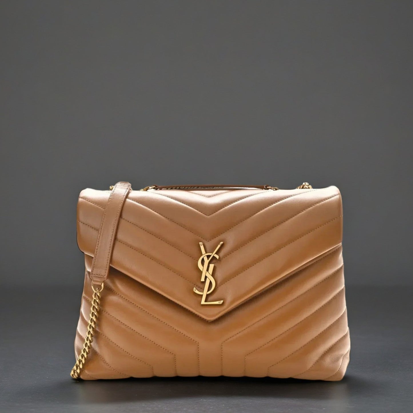 Calfskin Y Quilted Monogram Medium Loulou Chain Satchel Dark Beige